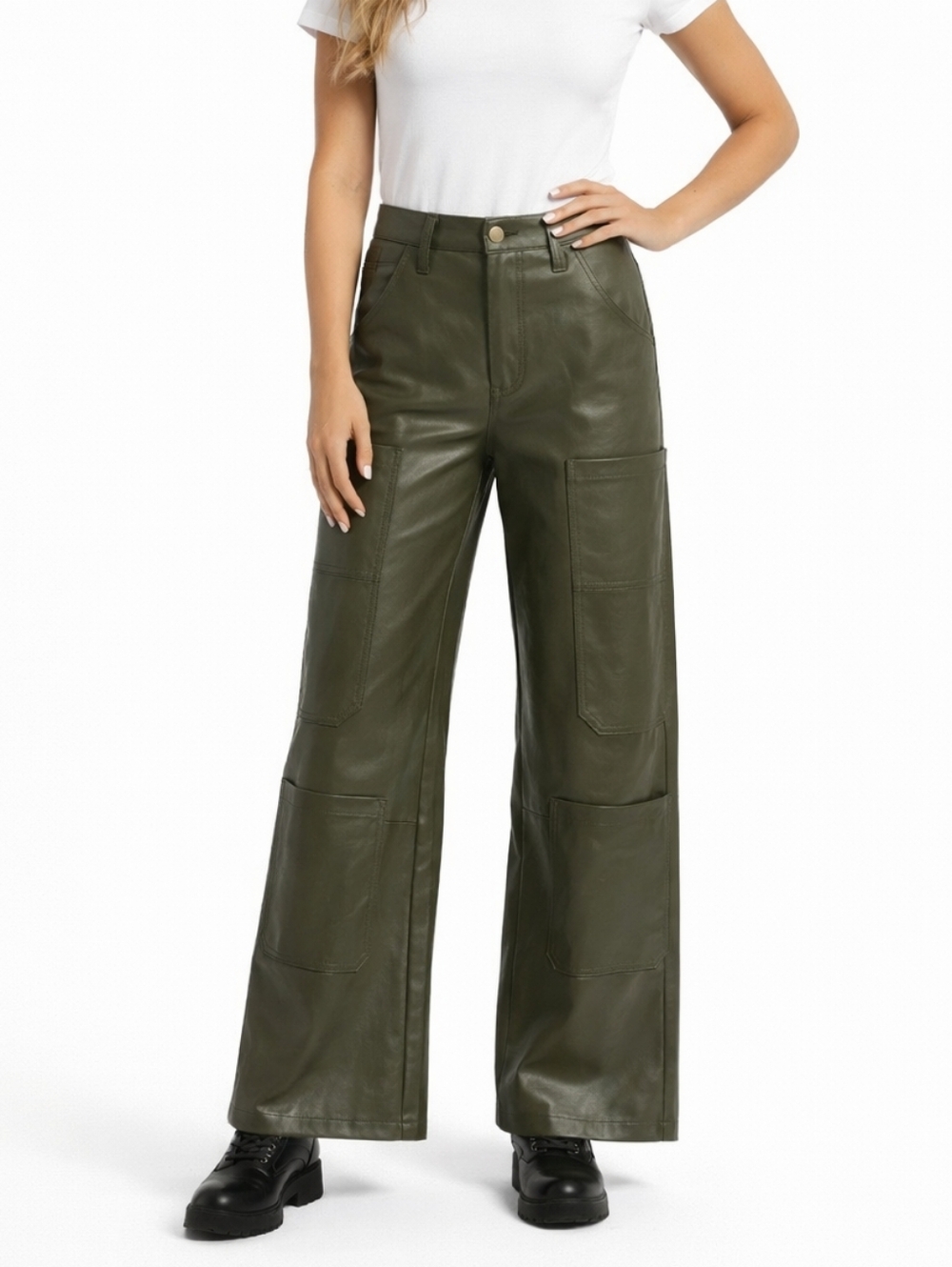 Fashion Nova Olive Faux Leather Cargo Pants Wide Leg Utility NWT